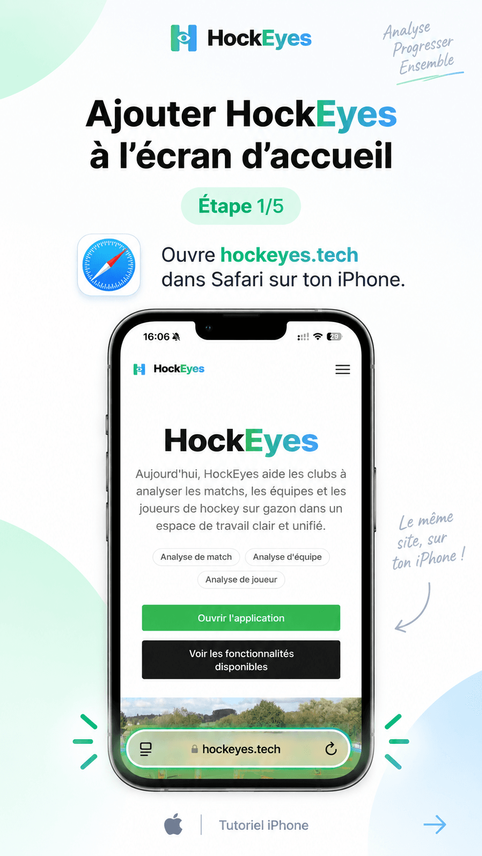 Safari open on hockeyes.tech, ready to add the site to the home screen.
